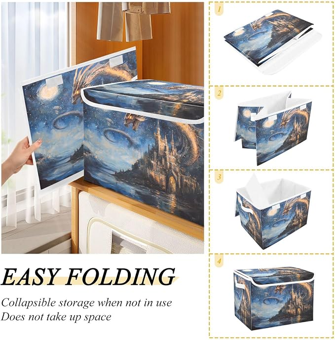 Dream Castle Dragon Storage Bins with Lids and Carrying Handle,Foldable Storage Boxes Organizer Containers Baskets Cube with Cover for Home Bedroom Closet Office