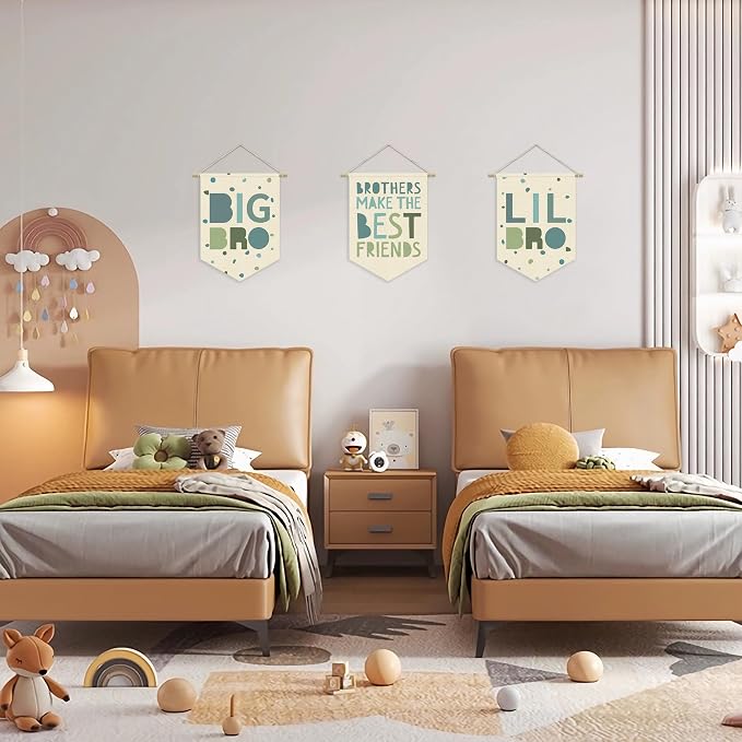 Boy Nursery Decor Canvas Banner,Brothers Make The Best Friends Bedroom Playroom Wall Art Decorations,Boho Twin Room Sign,Big Bro Lil Bro, Sage Green Blue Kids Room Wall Hanging Pennant Banner
