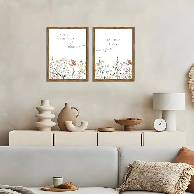 Wood Framed Wildflower Nursery Wall Art Set of 2, Boho Flower Botanical Wall Decor Paintings, Baby Girl Nurseries Pictures Posters Prints for Nursery Baby Room Bedroom Home Decoration 12x16 Inch