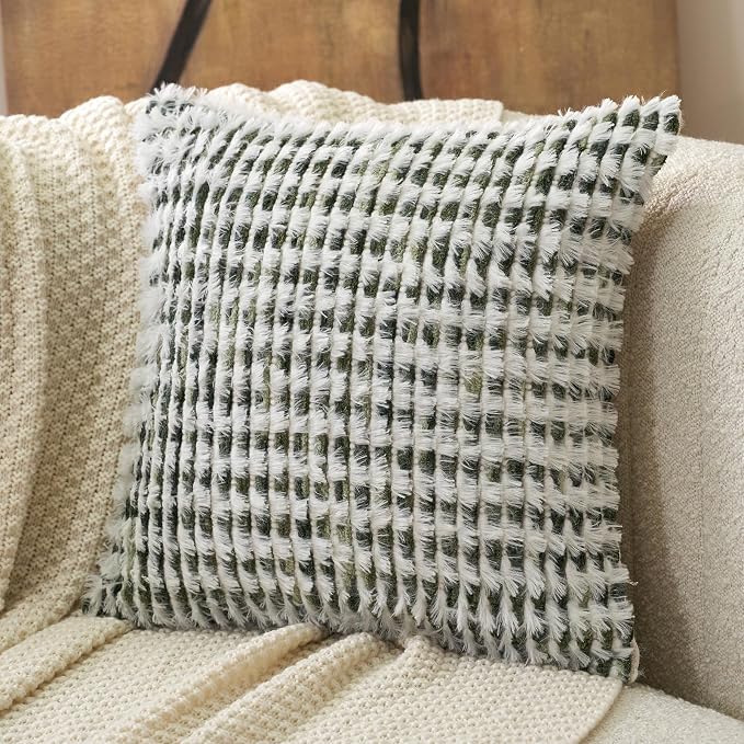 Aeckself Boho Chenille Tufted Pillow Cover 18 x 18 Inch, Decorative Square Throw Pillow Cover Neutral Pillowcase for Couch Bedroom Living Room, Green White