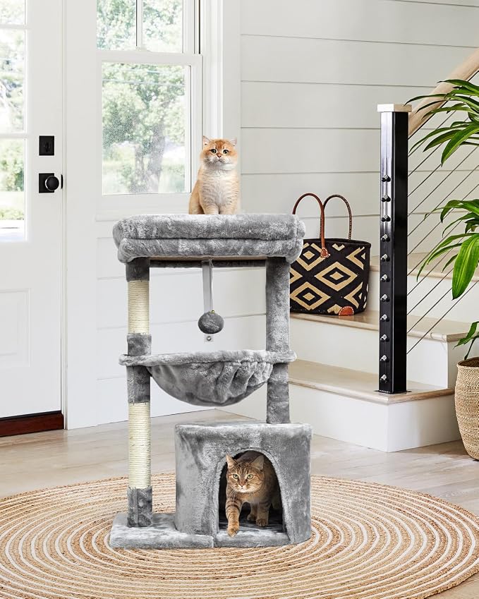 SYANDLVY Small Cat Tree for Indoor Cats, Activity Cat Tower with Scratching Post for Kittens, Modern Cat Furniture with Basket & Hanging Ball for Play Rest, Grey | Activity Cat Tower with Scratching Post, Basket & Hanging Ball for Play Rest, Grey
