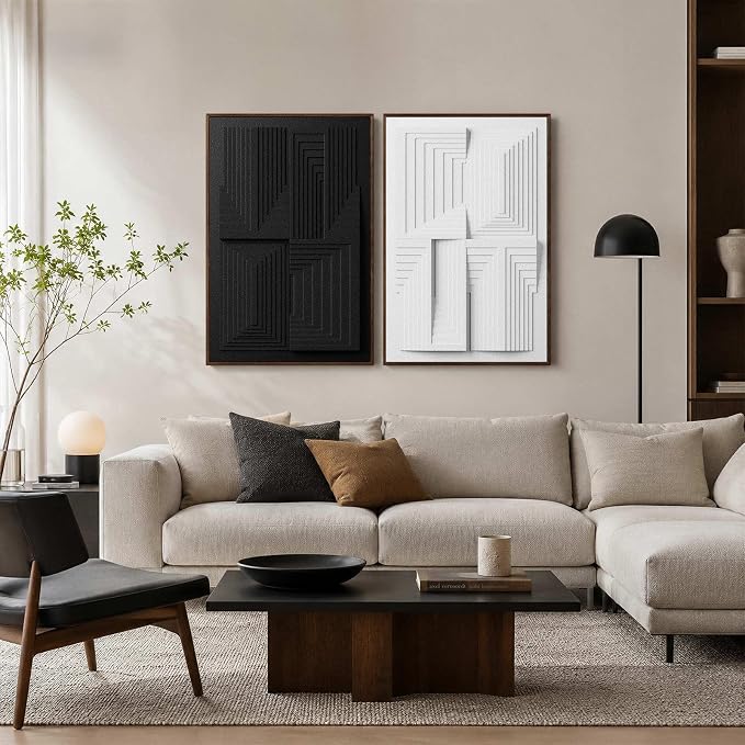 Thalasse Modern Abstract Wall Art Large Framed 3D Black White 24x36 In | Textured monochrome geometric relief, sandstone minimalist pictures, office hallway decor, 2 piece set