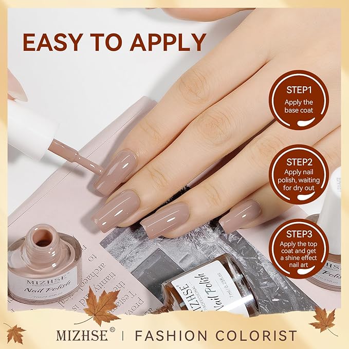 MIZHSE Quick Dry Brown Nail Polish, 6 Colors White Khaki Glitter Fall Winter Nail Polish Set Coffee Chocolate Collection Nail Lacquer Manicure DIY Nail Art Salon Home Gift for Women Girl