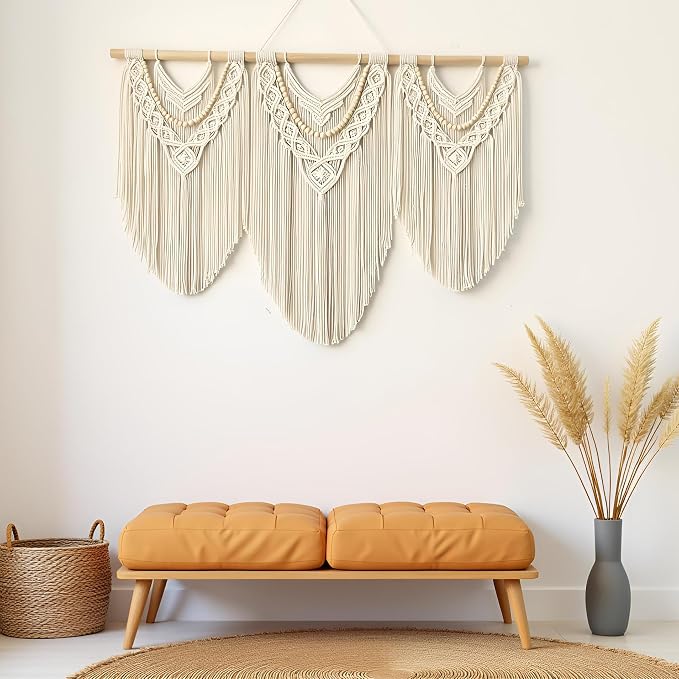 Large Macrame Wall Hanging, Boho Tapestry, 43"x32", Wood Bead Fringe | Handmade bohemian woven tapestry for bedroom, living room, apartment. Perfect Boho style wall decor art for weddings, parties