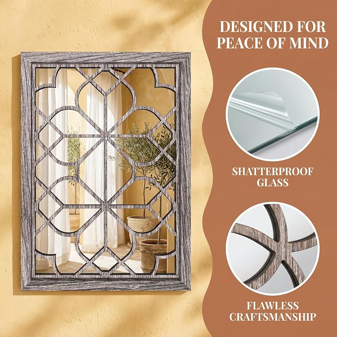 Set of 2 19x26 Inch Large Brown Shatterproof Rectangular Wall Mirrors, Boho Rustic Farmhouse Vintage Accent Mirrors for Living Room Bedroom Entryway Dining Room & Home Decor
