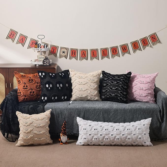 DFXSZ Halloween Pillow Covers 14x36 inch 2Pcs White Ghost Halloween Decor | Halloween Decorations Set of 2 Throw Pillow Cases Plush Faux Fur Wool Cushion for Chair Sofa Bedroom Living Room Home Decor