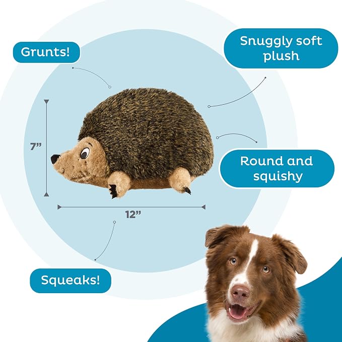 Outward Hound Hedgehogz Plush Dog Toy, Squeaks & Grunts, Large, 12" x 7" | Soft Realistic Faux Fur, Round for Rolling & Chasing, Cuddle & Carry, Interactive Fetch, Light Chewers, Dogs & Puppies