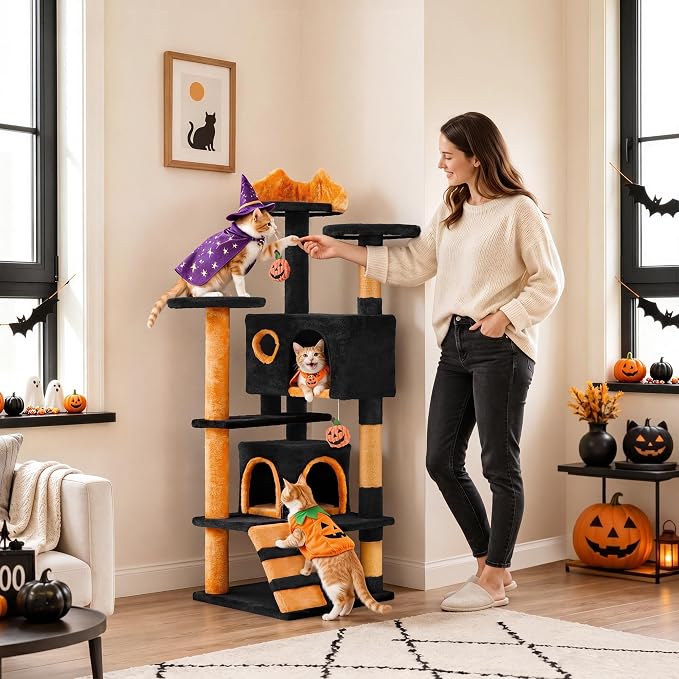 Yaheetech 54in Gothic Cat Tree, Multilevel Indoor Halloween Cat Tower | Activity center with cute kitten-ear perch, scratching posts, 2 kittens caves, black/pumpkin orange halloween decor