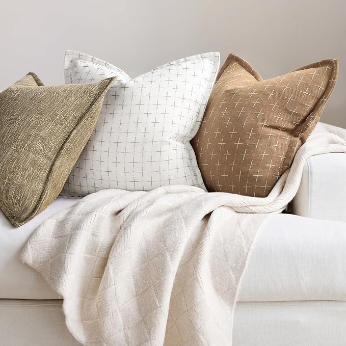 Throw Pillow Covers 16x16 Set of 2 Soft Polyester Textured Pillow Covers with Stylish Flange Edge Cozy Farmhouse Throw Pillows for Couch Bed Sofa Living Room Camel