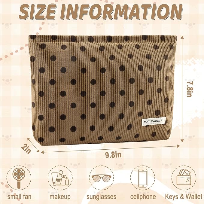 ZLFSRQ Corduroy Makeup Bag for Women Girls Cute Polka Dot Cosmetic Bag for Purse Large Capacity Trendy Zipper Makeup Pouch Toiletry Pouch Aesthetic Skincare Make Up Essentials Organizer Bags (Brown)