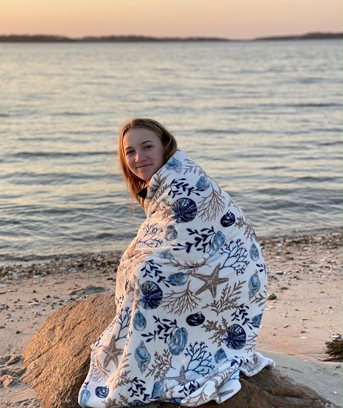 Coastal Ocean Beach Throw Blanket, Blue Gray Taupe White, 50x70 Oversized | Soft Plush Velvet Fleece, Seashell Beach Hues, Accent for Sofa Couch Chair Bed or Dorm, Washable & Durable, Extra Large Size