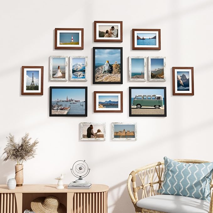 Vittanly 15 Pack Picture Frame Set, Black, Walnut Brown, Distressed White | Picture Frames Collage Wall Decor: 3pcs 8x10, 6pcs 5x7, 6pcs 4x6. Gallery Wall Frame Set for Wall or Tabletop Display