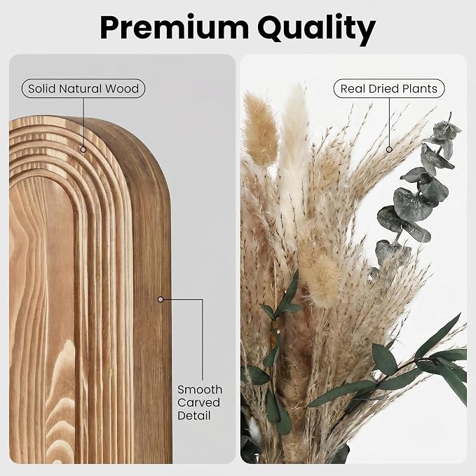 Set of 2 Wooden Wall Vases with Dried Pampas Grass & Eucalyptus, Boho Farmhouse Decor for Living Room, Entryway, Bathroom, Rustic Home Art(Brown)