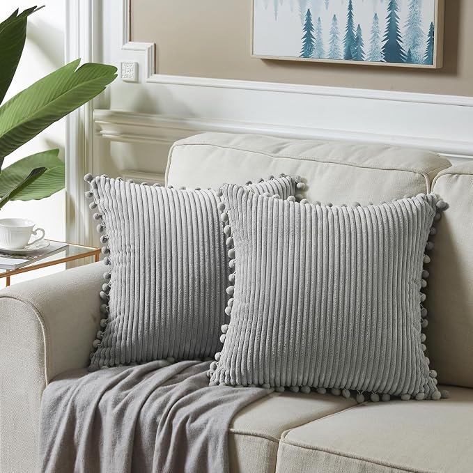 Fancy Homi 2 Packs Neutral Grey Decorative Throw Pillow Covers 16x16 Inch with Pom-poms for Couch Bed Sofa, Aesthetic Modern Organic Farmhouse Boho Home Decor, Soft Corduroy Cute Accent Cushion Case