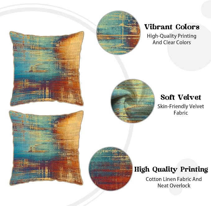 KSLIDS Vintage Abstract Soft Velvet Throw Pillow Covers Set of 2 Blue Orange Messy Rust Painting Decorative Pillow Covers 18x18 Inch Colorful Art Pillow Case for Sofa Couch Living Room Home Decor