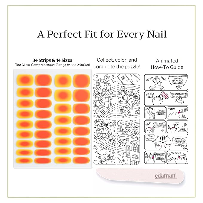 34 Piece Fully Cured Gel Nail Strips With No UV Light Needed, 14+ Days Gel Nail Polish Stickers, Salon Quality, Easy to Apply & Remove – Toxin Free, No Damage (Sunset Vibe)