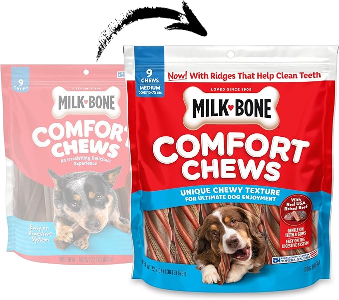 Milk-Bone Comfort Chews, Unique Chewy Texture & Real Beef, 36 Dog Chews | 4 (9-count) bags, For dogs 15-75 lbs., Rawhide-free dog chews, Made with real beef