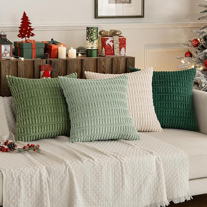 MIULEE Pack of 4 Summer Neutral Corduroy Decorative Throw Pillow Covers 20x20 Inch Farmhouse Boho Rustic Soft Striped Pillow Covers Home Decor for Sofa Living Room Couch Bed Green | Neutral Rustic Farmhouse Boho Soft Striped Pillow Covers,Home Decor fo...