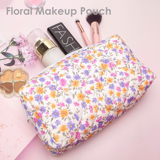 PAZIMIIK Small Quilted Makeup Bag,Zipper Cosmetic Pouch,Ditsy Floral | Lightweight Cosmetic Bag Organizer for Women,Purse Storage Holds Makeup,Toiletries,Skincare,Beauty Essentials,Travel Items