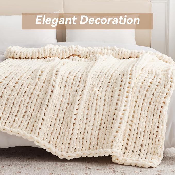 Negwoo Chunky Knit Throw Blanket, Knitted Throw Chenille Yarn, 60"*80" | Soft Thick Cable Knitted Blankets, Handmade Big Thick Blanket, Machine Washable Cute Comfy Blanket for Home Decor,Cream White