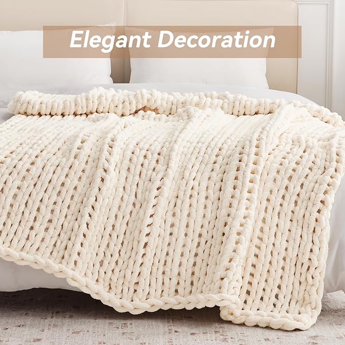 Negwoo Chunky Knit Throw Blanket, Knitted Throw Chenille Yarn, 60"*80" | Soft Thick Cable Knitted Blankets, Handmade Big Thick Blanket, Machine Washable Cute Comfy Blanket for Home Decor,Cream White