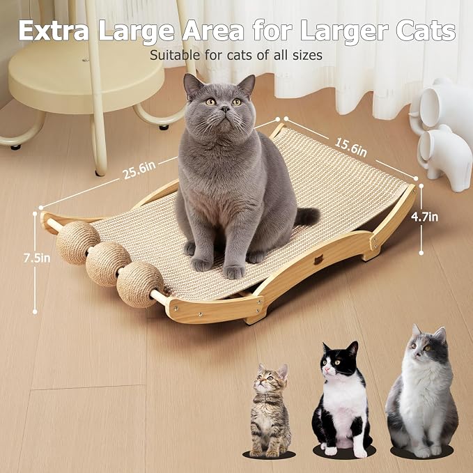 3 in 1 Sisal Cat Scratcher Bed, Solid Pine Cat Scratcher with Balls,Natural | Extra Large Cat Scratching Post with Hammock, Cat Scratcher for Scratch & Play & Rest, Cat Furniture for Indoor Cats, Kitten