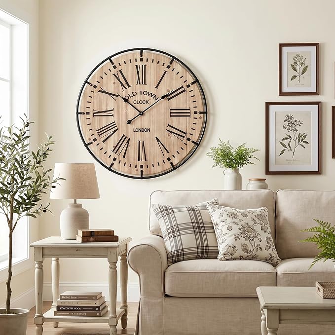 EMAX HOME 30 Inch Rustic Wall Clock, Warm Light Oak Wood Look with Black Iron Frame, Silent Sweep Movement, Clear Roman Numerals and Tick Marks, for Fireplace Mantel, Hallway, or Dining Room.
