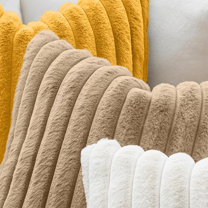 MIULEE Faux Fur Lumbar Decorative Throw Pillow Covers 12x20 Set of 2 Khaki | Modern Fall Soft Plush Couch Pillows, Cozy Fluffy Cushion Covers for Sofa Bed Living Room Home Decor