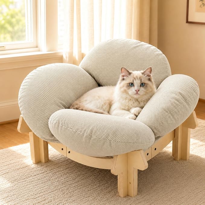 Wooden Elevated Cat Bed, Pet Sofa Furniture with Washable Cushion (Beige) | Soft Beds with Extra Filling prevent flattening, while Stable Wooden Frame with Base Board supports 50 lbs for Kitty & Puppy.