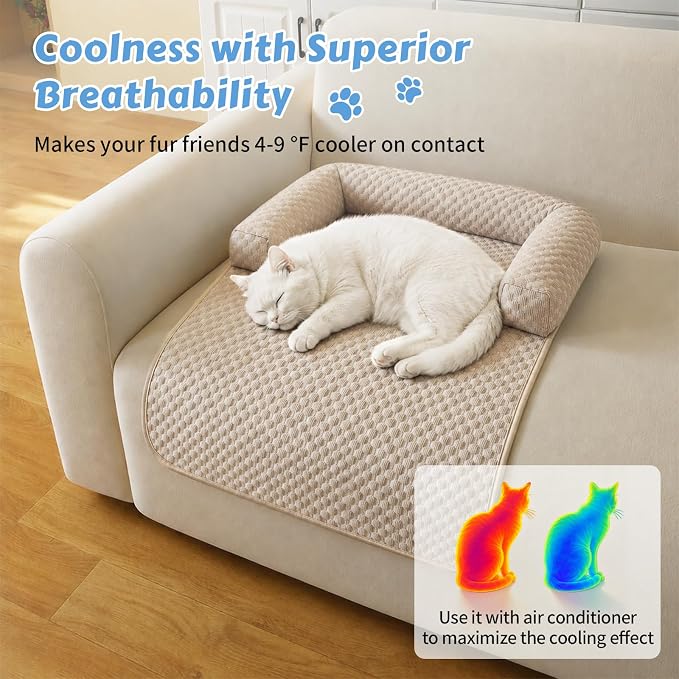 Cooling Pet Bed Mats with Neck & Head Support, 31.5 x 23.62 inch Khaki | for Small and Medium Dogs & Cats, Non-Slip, Machine Washable, Protects Sofa from Fur & Scratches