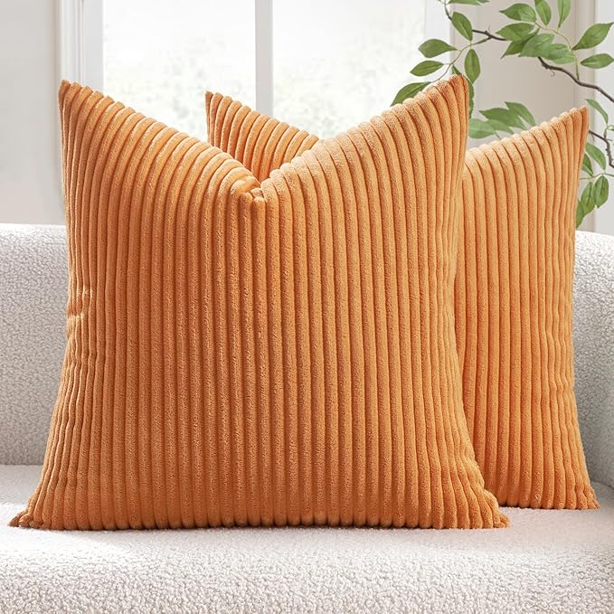 MIULEE Pack of 2 Burnt Orange Pillow Covers 20x20 Inch Soft Striped Corduroy Fall Throw Pillow Covers Set Decorative Square Cushion Cases Pillowcases for Sofa Bedroom Couch | Decorative Striped Textured Cushion Cases, Boho Rustic Square Pillowcases, Ho...