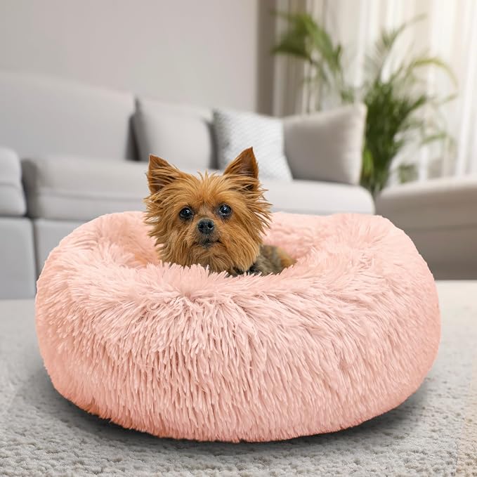 Best Friends by Sheri The Original Calming Donut Dog Bed for Extra-Small Dogs up to 10 lbs, Shag Faux Fur, Cotton Candy Pink, 18" x 18"