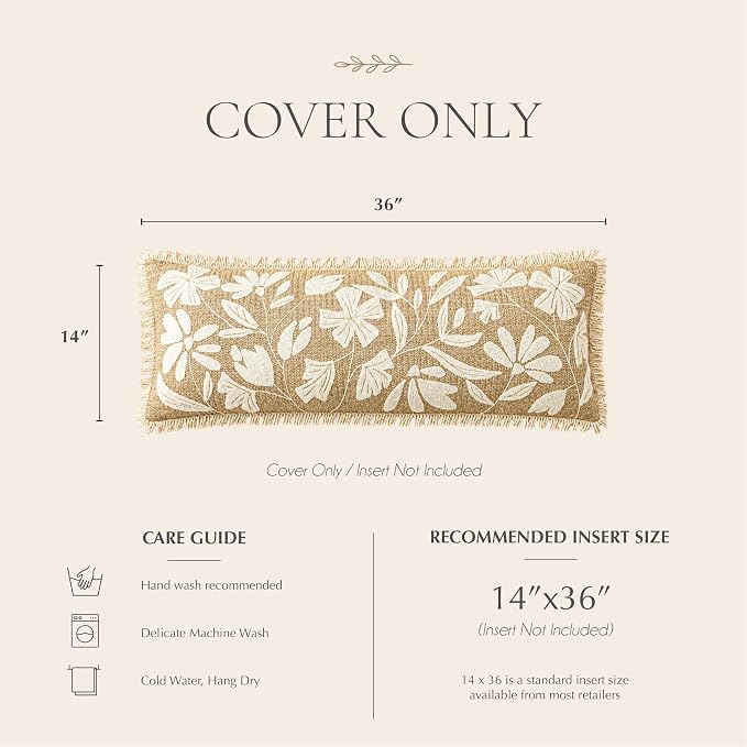 Long Lumbar Pillow Cover 14x36 Indoor Outdoor, Jute Inspired Floral Tufted Accent Oversize Throw Pillowcase for Patio Bed Bedroom, Cover Only