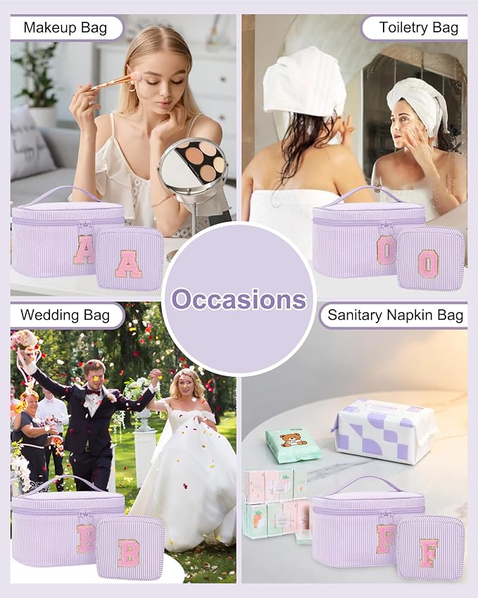 MONSTINA Initial Makeup Bag with Brush Holder for Women,Make Up Case for Girlfriend Bridesmaid Wife|Personalized Birthday Gift for Her Cute Toiletry Bag,2PCS,Purple K