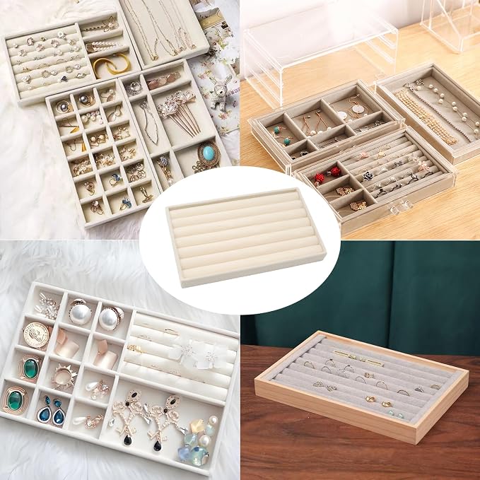 Velvet Jewelry Organizer Trays Beige 8 Rolls | Stackable Jewelry Storage Display Tray for Drawer Dresser Cloest Organizer