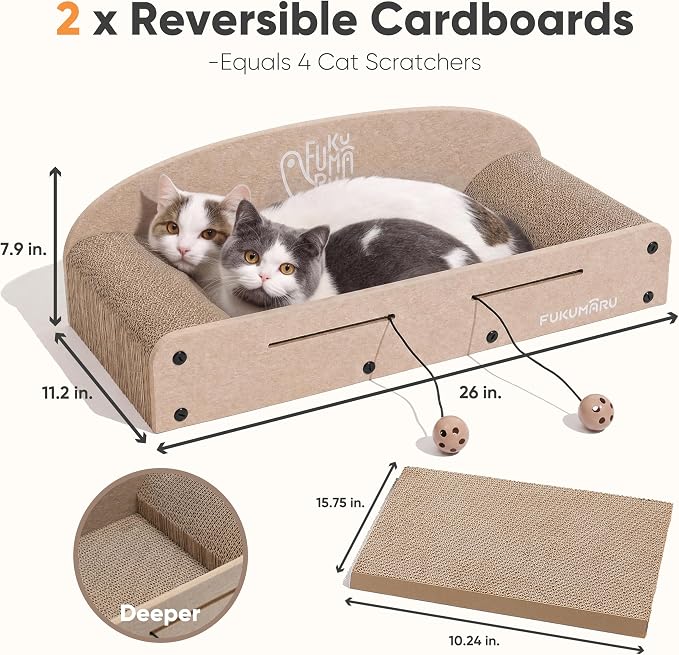 FUKUMARU Large Cat Scratcher Bed, 26 Inch Cat Scratching Bed Sofa Indoor | Cardboard Cat Scratcher with 2 Reversible Scratch Pad Refills, Durable Large Cat Scratching Lounger with Ball Toy, Beige