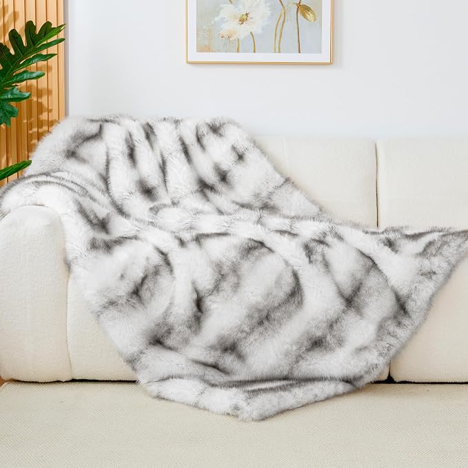 Luxury Faux Fur Twin Blanket, Grey, 60''x80'' | 1000GSM, Super Thick Warm Cozy Heavy, Plush Fuzzy Elegant Winter Reversible Mink
