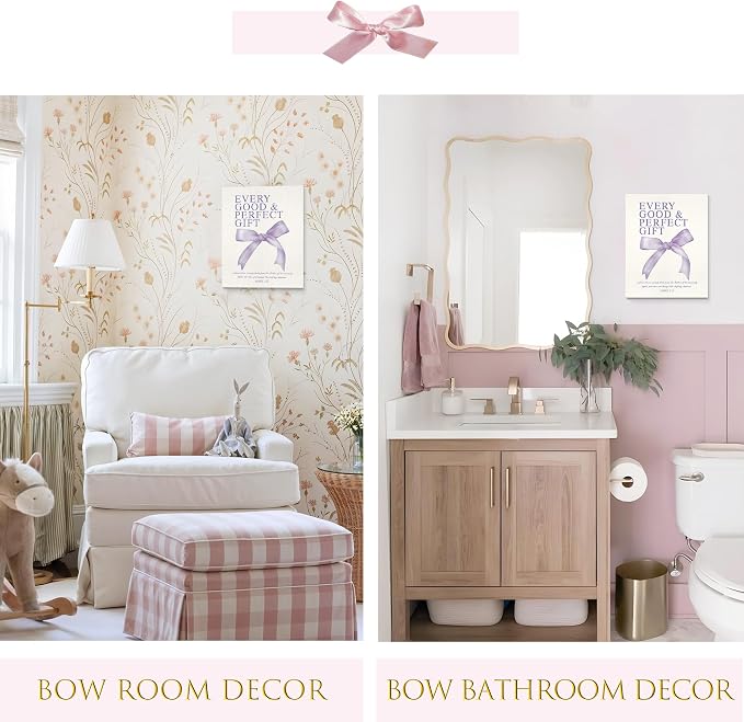 LARTSFRO Coquette Purple Bow Canvas Wall Art Decor Prints Posters, Purple Bow Room Bedroom Bathroom Dorm Wall Art Decor Aesthetic for College Teen Girls Gifts, Inspirational Bible Verses Bow Wall Decor, 11x14 Inch Set of 4 Pcs Bow Pictures (Canvas Fram...