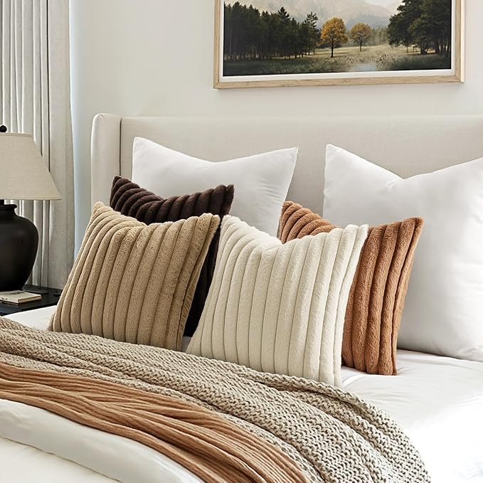 MIULEE Faux Fur Plush Decorative Throw Pillow Covers 20x20, Brown | Set of 4, Fall, Striped, Soft Boho Farmhouse Rustic Cozy Home Decor, Cushion Cases for Sofa Couch Bed Living Room