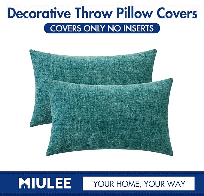 MIULEE Soft Chenille Lumbar Throw Pillow Covers Teal 12x20 Inch Pack of 2 | Modern Home Decor, Classic Decorative Pillows, Solid Dyed Cases, Boho Couch Cushion Covers for Sofa Bed Living Room