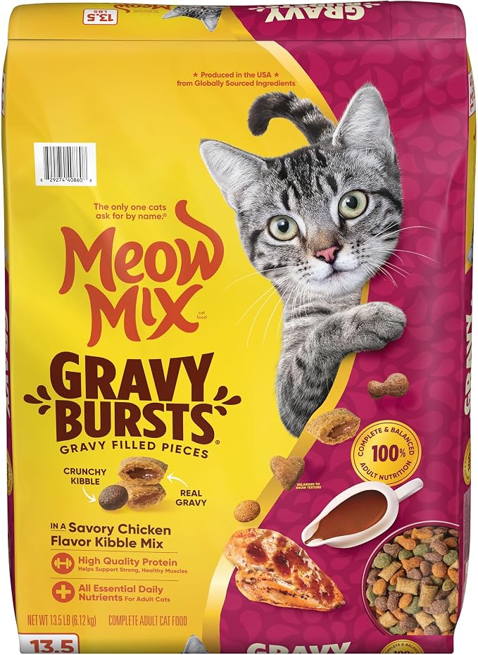 Meow Mix Gravy Bursts, Savory Chicken Flavor Mix, Gravy Filled Dry Cat Food, 3 lb. Bag (Pack of 2)