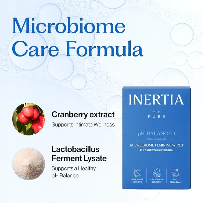 INERTIA Feminine Wipes - Flushable Intimate Wipes, pH-Balanced Microbiome Formula for Women, Biodegradable, Sensitive Skin, Individually Wrapped, 15 Count