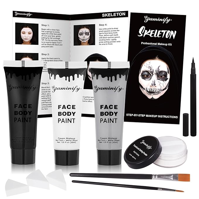 Skeleton Halloween Makeup Kit,Black White Light Gray Face Paint Kit,Water Based Light Grey Body Paint for Skull Zombie Makeup,SFX Face Painting Kit with Setting Powder for Adults & Kids