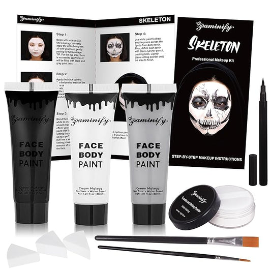 Skeleton Halloween Makeup Kit,Black White Light Gray Face Paint Kit,Water Based Light Grey Body Paint for Skull Zombie Makeup,SFX Face Painting Kit with Setting Powder for Adults & Kids