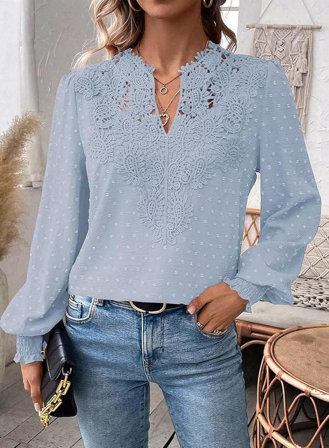 Womens Tops Swiss Dot Boho Long Sleeve Shirts V Neck Casual Chiffon Blouses Flowy Lace Hem Cute Clothing Trendy 2026