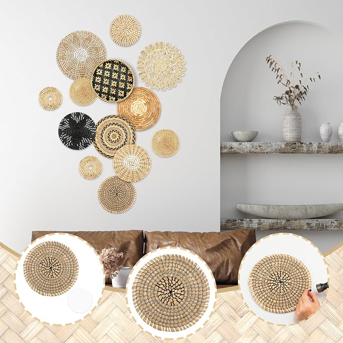 Glenmal 13 Pcs Boho Wall Basket Decor Set Woven Rattan Seagrass,Retro | Handmade Flat Baskets for Bedroom Living Room Office, Wicker Bamboo Seagrass Hanging Art, Farmhouse Gallery Ready to Hang