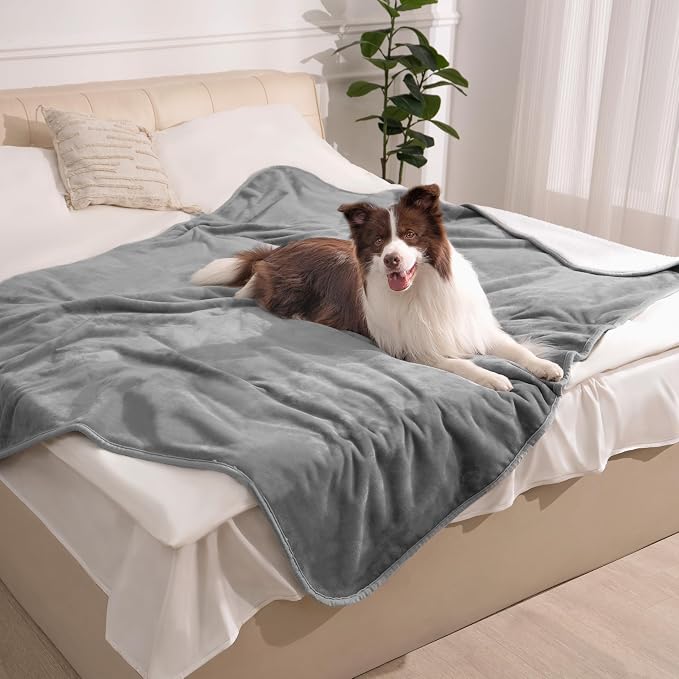 gogobunny Waterproof Bed Blanket, Reversible Sherpa Fleece Throw Blanket for Dog Puppy Cat, Furniture Cover Protects Bed Couch Sofa from Liquid Pee and Pet Fur (Grey, 25x35 inches)