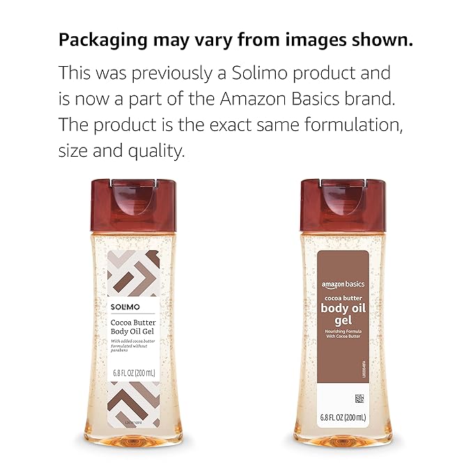 Amazon Basics Body Oil Gel with Cocoa Butter, Paraben Free, for Very Dry Skin, 6.8 Fl Oz, 1-Pack (Previously Solimo)