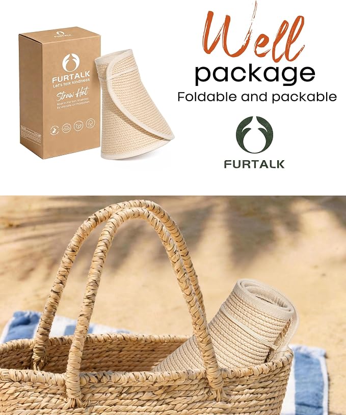 FURTALK Womens Sun Hat with Ponytail Hole Wide Brim Beach Straw Visor | Foldable & Packable for Beach Vacations, Adjustable Fit for Messy Buns, Detachable Windproof Strap, Sweat-Wicking Inner Band