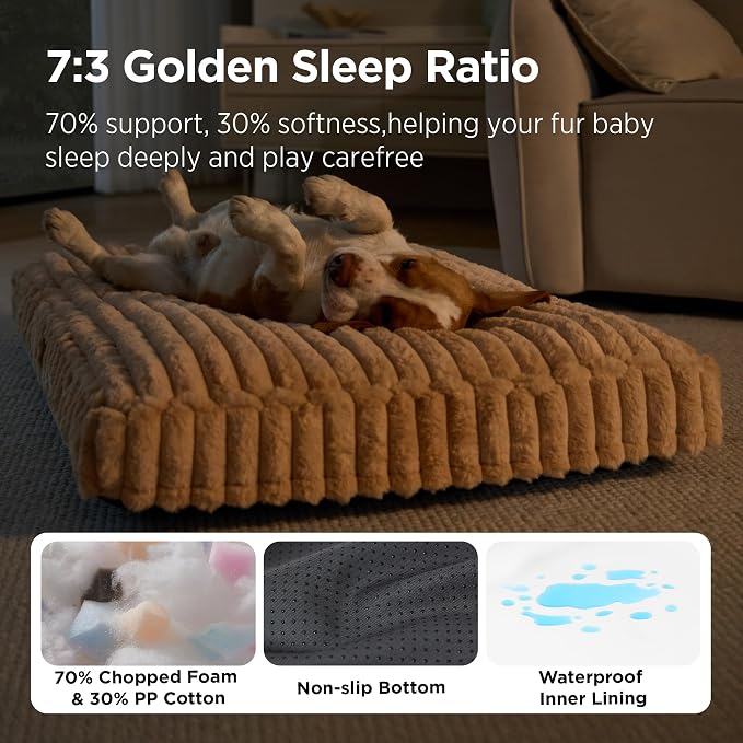 Bedsure ComfyFleece™ Fluffy Balanced Support XL Dog Bed,47x29 | Golden Ratio Chopped Foam & PP Cotton, Home Decor,Waterproof Liner, Removable Washable Cover, Nonslip Bottom,Sandy Beige
